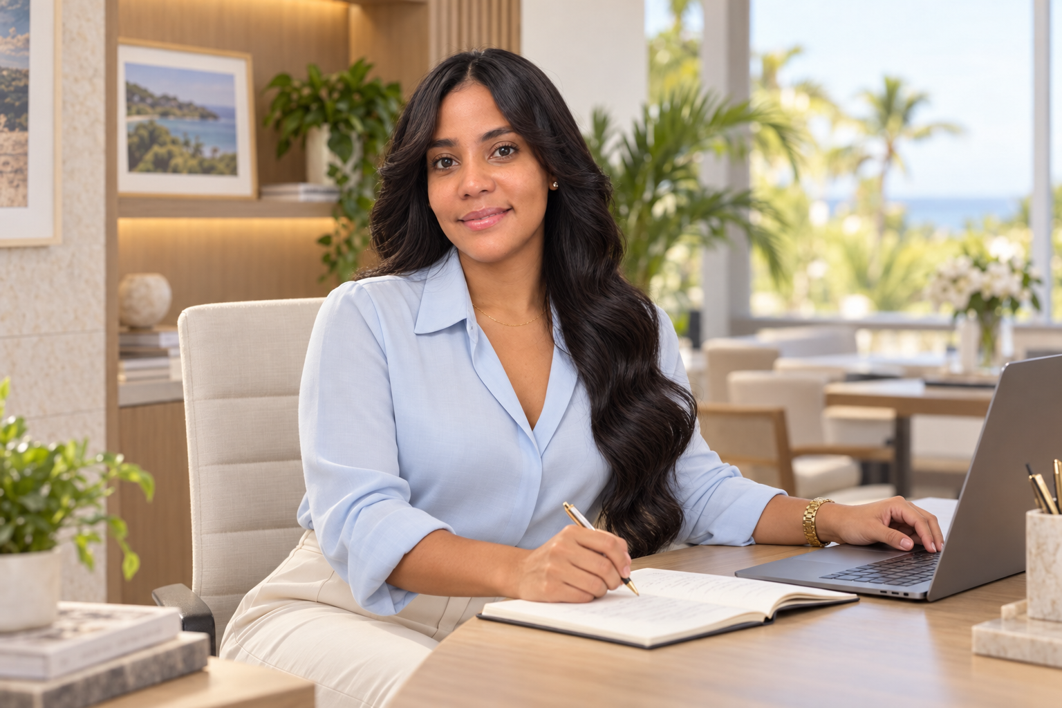 Cris Sanchez preparing a property project at her desk, wearing a light blue shirt